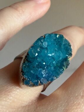 Blue Druzy Statement Ring raw teal Crystal Cluster on Adjustable Metal band